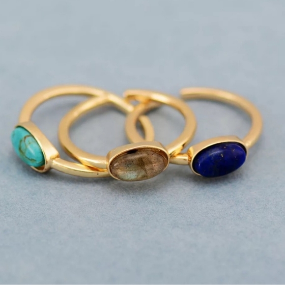 Adjustable Semi Precious Oval Stacked Ring Set of 3 - Picture 5 of 7